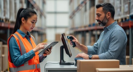 Warehouse workers are managing inventory using digital devices, with a woman using a tablet and a man using a barcode scanner and computer in a busy warehouse environment
