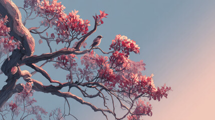 Small Bird Perched on a Pink Blossoming Tree Branch at Sunrise