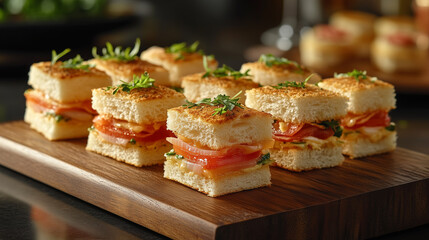 Mini sandwiches on a wooden board in a restaurant. Appetizer.