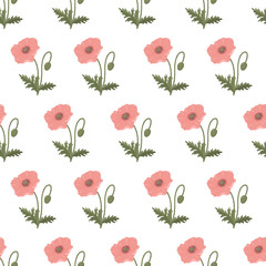 Poppies seamless vector pattern. Delicate poppies in flat style