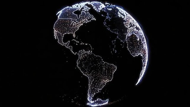 3D Hologram of Planet Spinning with illuminated continents and glowing city lights, highlighting technological sophistication and global interconnectivity against a dark minimalist background