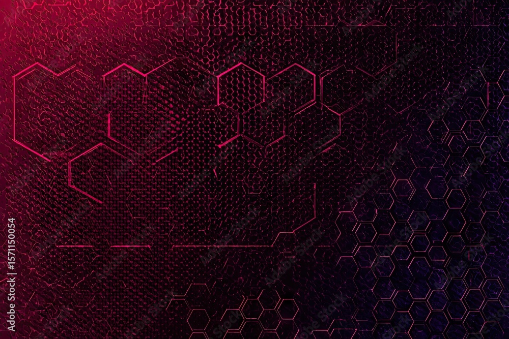 Poster abstract, vibrant, hexagonal grid pattern with a gradient of deep red to purple. intricate lines def