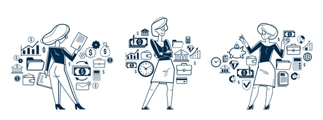 Business person analyzing and organizing financial deals vector outline illustration set, entrepreneur company leader working on some commercial project.