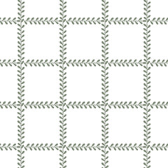 Seamless botanical square grid pattern with olive green leaves on white background