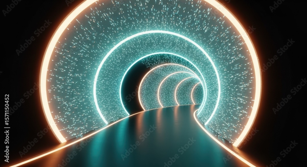 Poster Futuristic glowing rings creating a tunnel with neon lights and particles, leading into a dark unknown space, perfect for technology or science fiction concepts