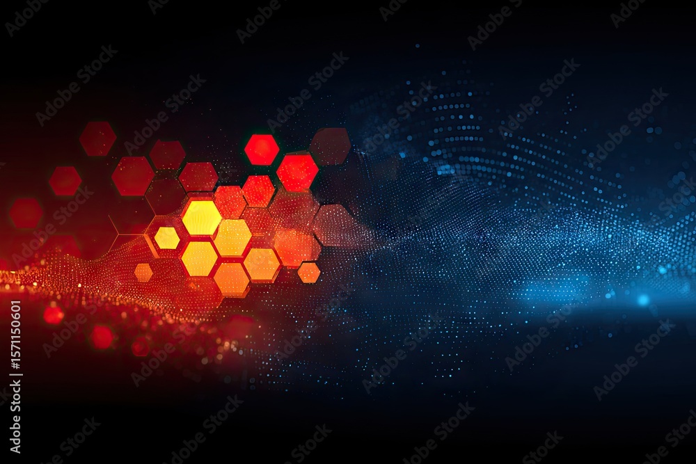 Poster abstract digital graphic with vibrant hexagons and particle effects. a mix of orange/red and blue/cy