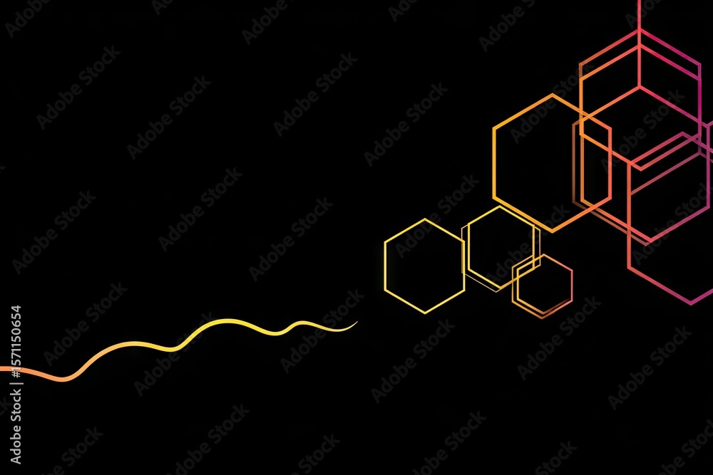 Poster abstract graphic design featuring interconnected hexagons and cubes in warm gradient colors on a bla