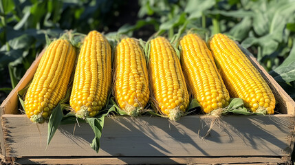 Close-up corn cobs in corn plantation field.