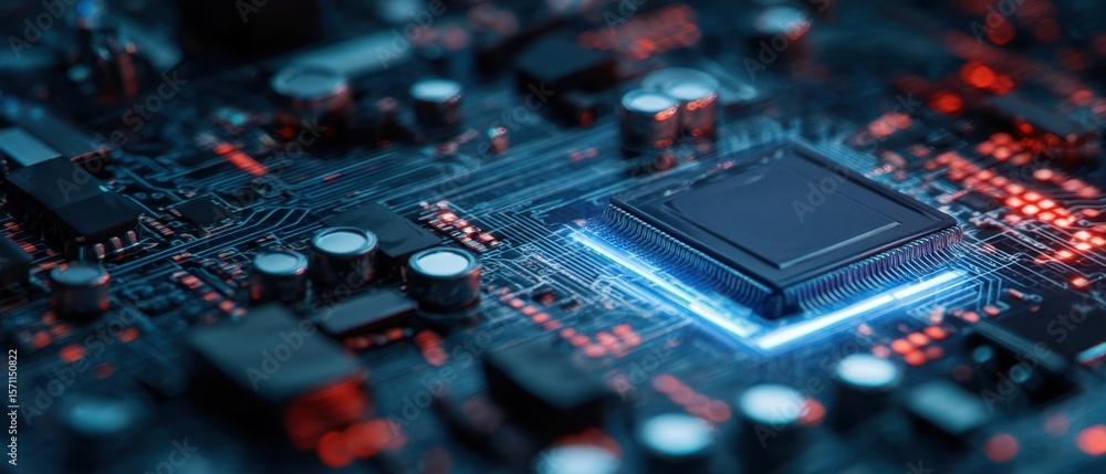 Poster the intricate microprocessor embedded in a futuristic circuit board design.