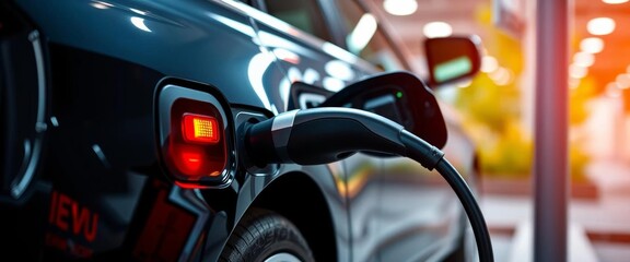Electric car plugged into charging station, charging cable connected,  battery,  technology