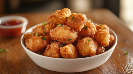 Fried onions in breadcrumbs with sauce on a wooden table. Close-up.
