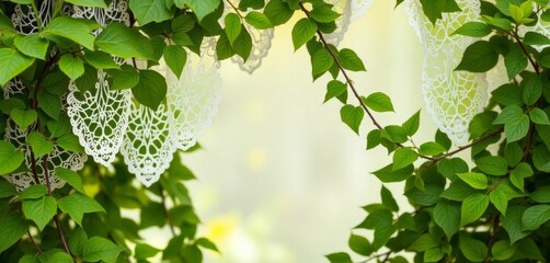 Obraz premium Delicate white lace overlaying lush green leaves and vines , vintage, pretty