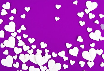 Obraz premium Delicate white hearts scattered on a rich violet background, romantic, design