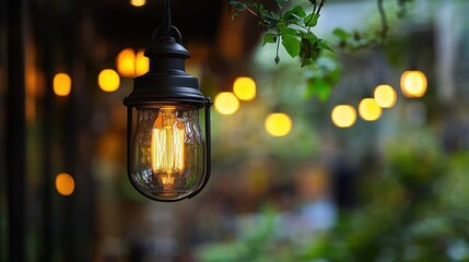 Hanging lamp, warm light, blurry background