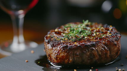 Traditional barbecue dry wagyu fillet with herbs and glass of wine close-up on grey board.