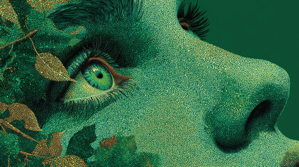 Closeup Pixelated Portrait of a Woman with Green and Gold Hues