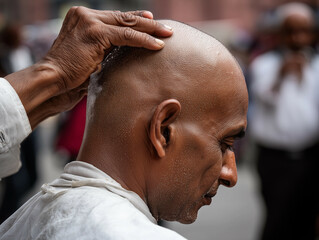 a man with a bald head is getting his hair cut by a barber shop employee in a city square