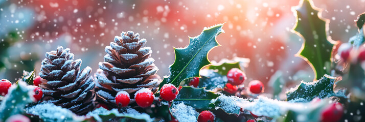 Snow-dusted pine cones and holly berries in winter wonderland. Winter Christmas banner