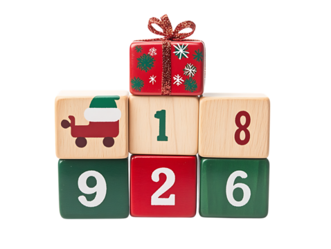 Christmas gift box and numbered blocks forming a festive pyramid isolated on transparent background