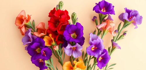 Fototapeta premium Vibrant snapdragon blooms arranged in a frame against a soft beige backdrop, snapdragon flowers frame, close-up