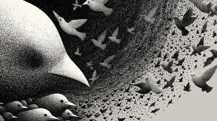 Abstract Grayscale Bird Flight Black and White Dotted Pattern