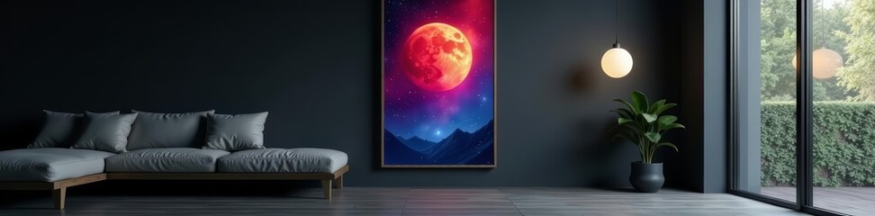 Minimalist dark room with artistic poster on wall, room, poster