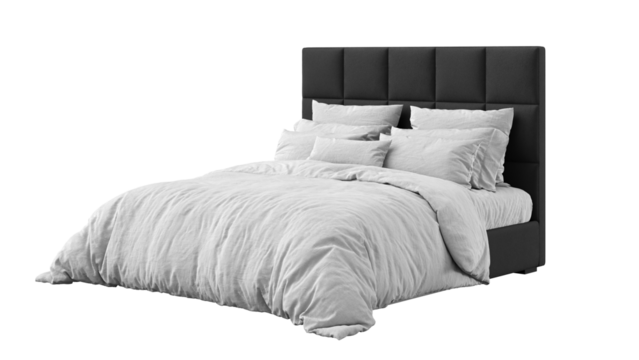 Bed on an isolated background. Furniture for рromotional and marketing materials. Side view. 
