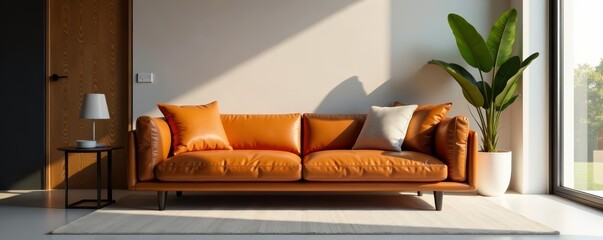 Minimalist leather couch and glass side table in elegant lounge setting, elegant, luxury