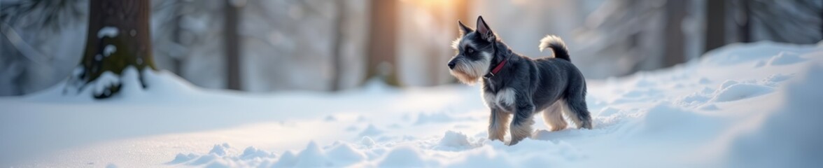 Miniature schnauzer dog with a fluffy coat exploring snowy forest, trees, pet, adventure