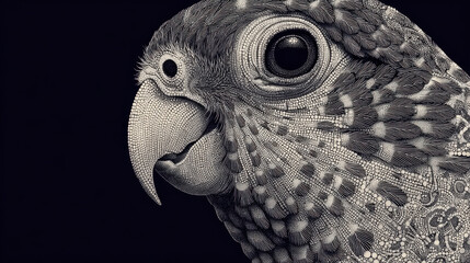 Close Up Pixelated Parrot Portrait in Monochrome