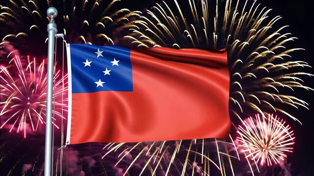 National flag independence state Samoa, background fireworks. AI Generative