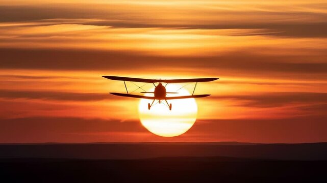 vintage biplane ascends majestically against a vibrant orange and red sunset sky with the bright sun setting behind it.