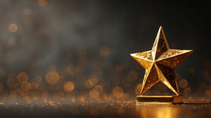 Elegant golden star award resting on a mysterious dark background enhanced with enchanting bokeh effects symbolizing outstanding achievement and inspiration.