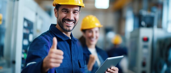 The skilled workers collaborating in an industrial setting with digital tools.