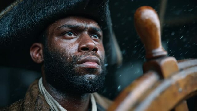 Determined pirate captain steering ship in stormy seas with intensity and courage