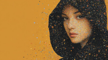 Mysterious Woman in Black Hood Mosaic Portrait with Gold Background