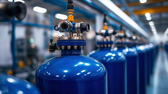 Industrial blue gas cylinders with precision pressure valves arranged in rows inside a modern manufacturing facility