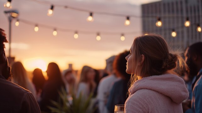 People enjoy a rooftop gathering at sunset while string lights illuminate the event space in the background