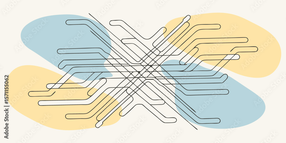 Poster abstract design featuring intersecting lines with rounded ends and colored shapes behind it