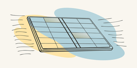 Illustration of a solar panel with a blue and yellow background and wind lines on the sides