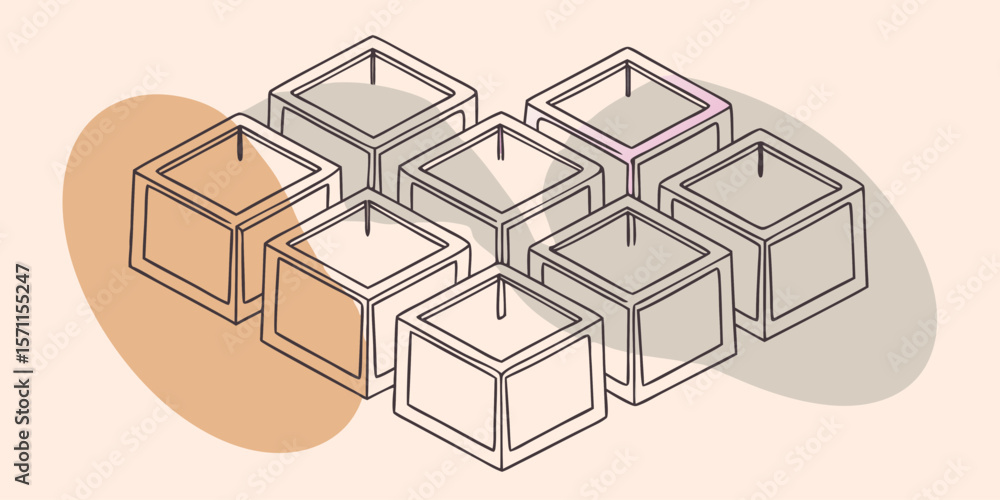 Poster isometric view of seven cube shaped candle holders with abstract color blobs behind them
