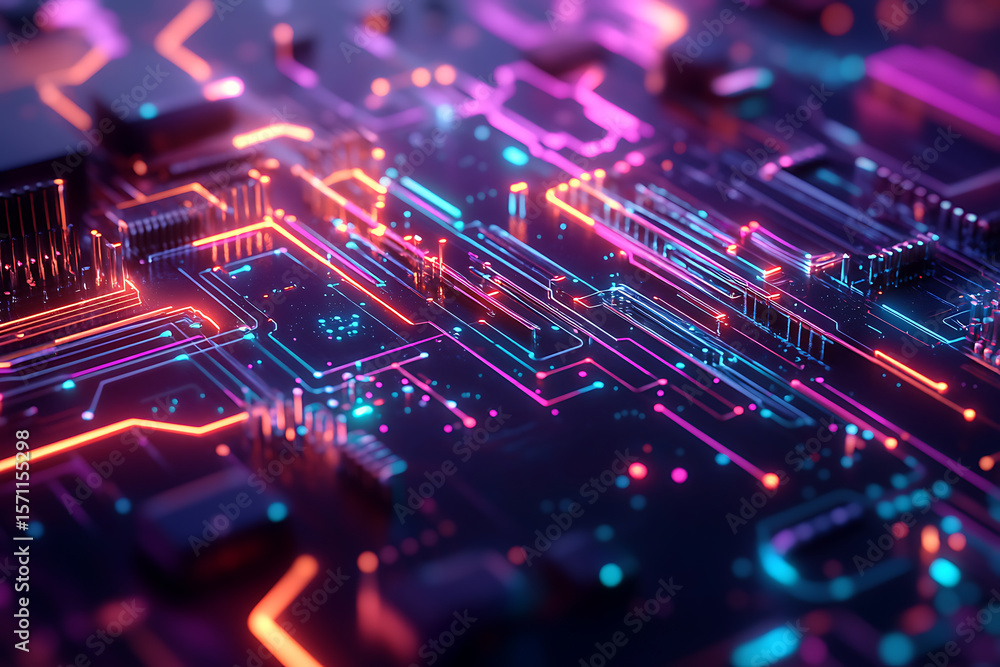 Poster illuminated circuit board with glowing neon lines and components