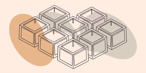 Isometric view of seven cube shaped candle holders with abstract color blobs behind them