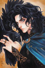 Mystical Raven Mage with Dark Hair, Male Sorcerer Holding Raven, Fantasy Tarot Card Illustration, Elegant Anime Wizard with Blue Cloak and Magic Jewelry