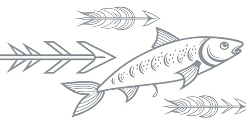 Outlined fish swimming between three arrows pointing in different directions artwork design