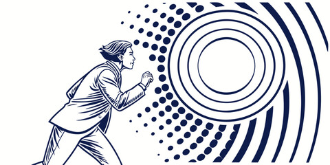 A man in a suit running towards a target with concentric circles and dots on a white background