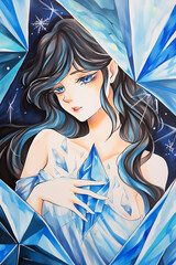 Ice Crystal Princess with Blue Eyes, Anime Girl Surrounded by Shattered Shards, Fantasy Beauty in Cold Colors, Magical Winter Goddess Illustration