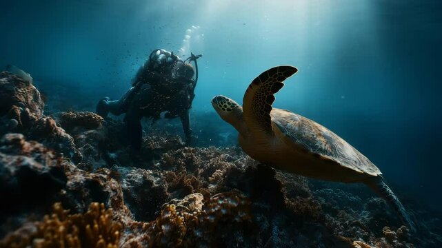Sea turtle swimming gracefully underwater in a clear blue ocean