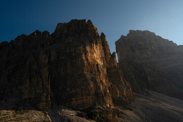 View of the mountains in the Dolomites Nature Park, Trentino, below the Three Peaks at the Auronzo...