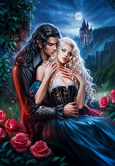 Romantic Fantasy Couple in Rose Garden, Elven Vampire Embracing Blonde Woman by Castle under Moonlight, Gothic Fairytale Romance Illustration